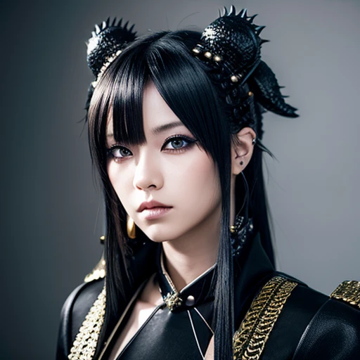 1 Japanese woman, female, Asian eyes, dragon, hairstyle in Visual Kei style, hair Visual Kei, outfit rocker,  ultra-detailed face and eyes, hyper-realistic, realistic representation, 30 years old, age 30 years, full body,  black and blonde hair