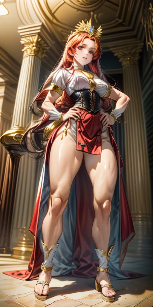 female pale skin full body whole body 1sologirl standing loincloth warrior proud expression, hands on the hips, standing loincloth, hands on the hips, metal sandals, leather choker with golden bell navel, leather corset, big belt, View from below, Feet together, Bracers, tiara