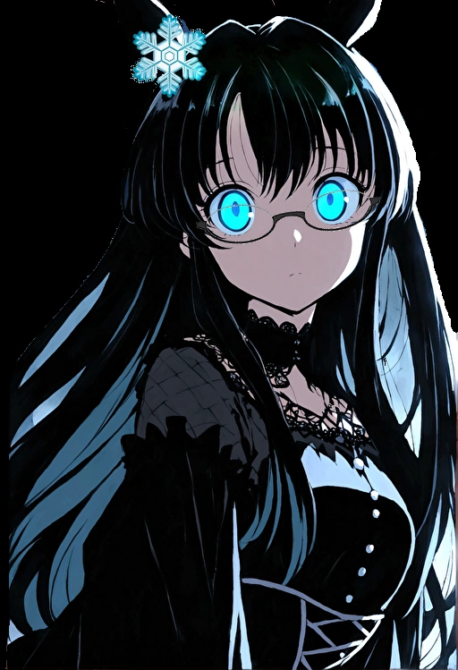 Anime Girls with blue eyes and black hair with a white flower in her hair, Anime Moe Art Style, gothic maiden Anime Girls, Her eyes have black anime pupils, With glowing eyes, 1 7 year old anime goth girl, Anime Girls wearing a black dress, With ghostly eyes and glasses, With big bright sad eyes, Glowing blue eyes, (Anime Girls) There is a red cross on the headband