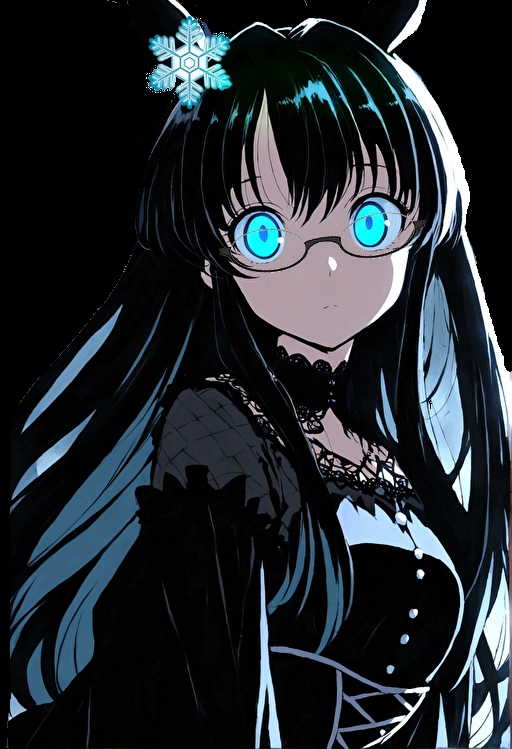Anime Girls with blue eyes and black hair with a white flower in her hair, Anime Moe Art Style, gothic maiden Anime Girls, Her eyes have black anime pupils, With glowing eyes, 1 7 year old anime girl, Anime Girls wearing a black dress, With ghostly eyes and glasses, With big bright sad eyes, Glowing blue eyes, (Anime Girls) Brown trench coat Celebrities Female CEO
