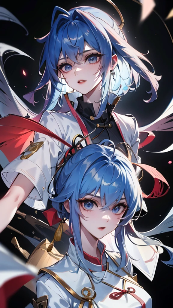 Masterpiece, Best quality, 1 Tang Wu Tong, the expression is cold, strong, blue eyes, short hair, wolfcut hairstyle, smoky mix blue color hair, resolute eyes, red lips, simple Taoist Taoist uniform, Chinese mix morden, frontal photo, black or white background, simple background, anime, illustration, half body, Chinese style short-sleeved shirt, cool girl