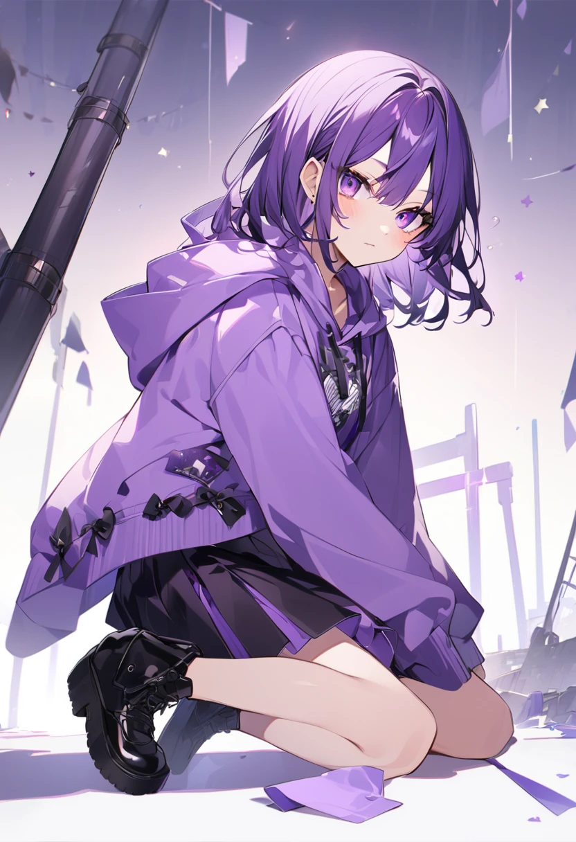 Keito。Purple Eyes。Purple Hair。Purple Skirt。Black shoes下。Black shoes。Purple hoodie
