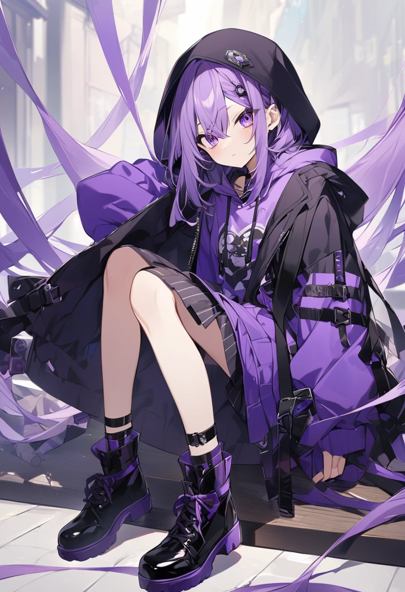 Keito。Purple Eyes。Purple Hair。Purple Skirt。Black shoes下。Black shoes。Purple hoodie