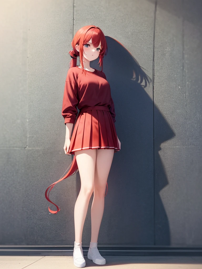 Girl in shorts (pleated yoke skirt), red and black clothes, white-red hair color, Twin-Tail, with beautiful inscriptions on the wall (Background). 2D wallpapers: girl in full height from below.