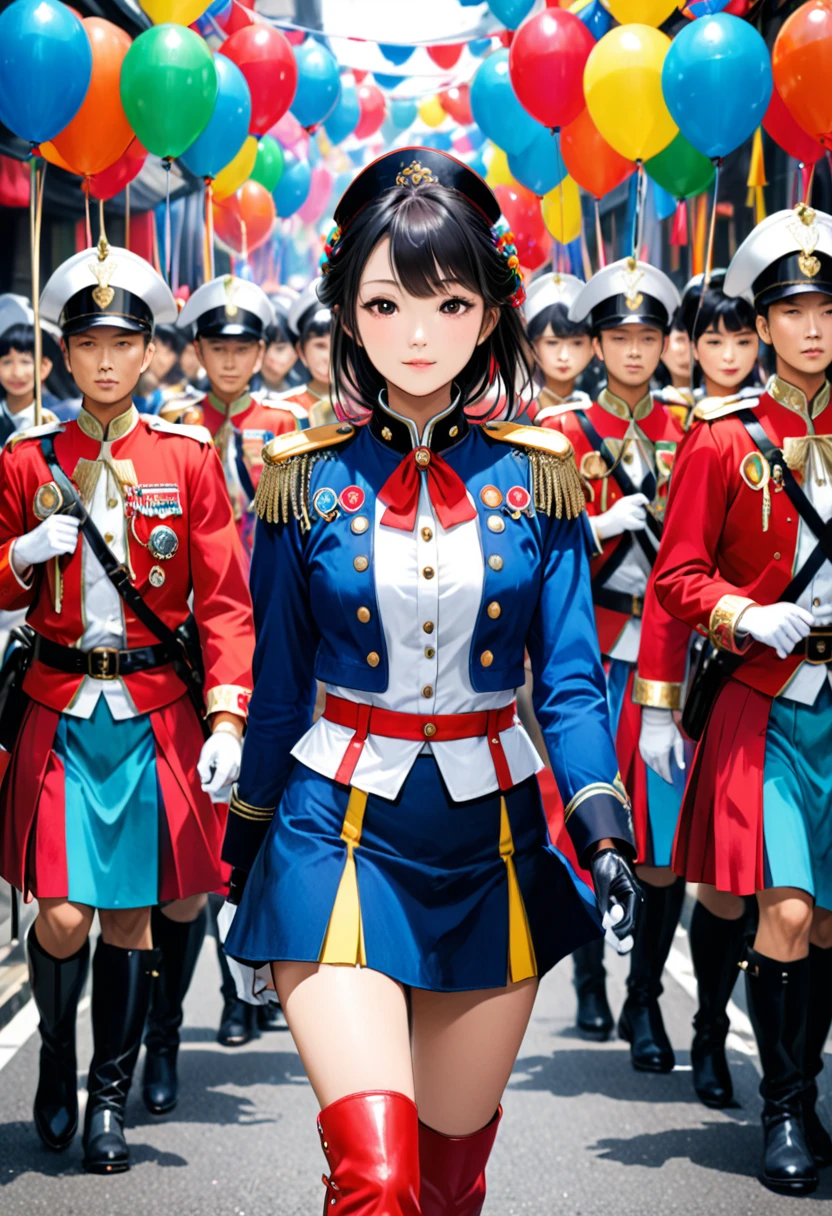 Ken Obata's style,High-resolution images,masterpiece,Highest quality,girl,Cowboy Shot,Cute face,Simple Background,jyojifuku,(A procession of vibrant colors,Have,boots,gloves,Epaulettes,skirt,:1.3),