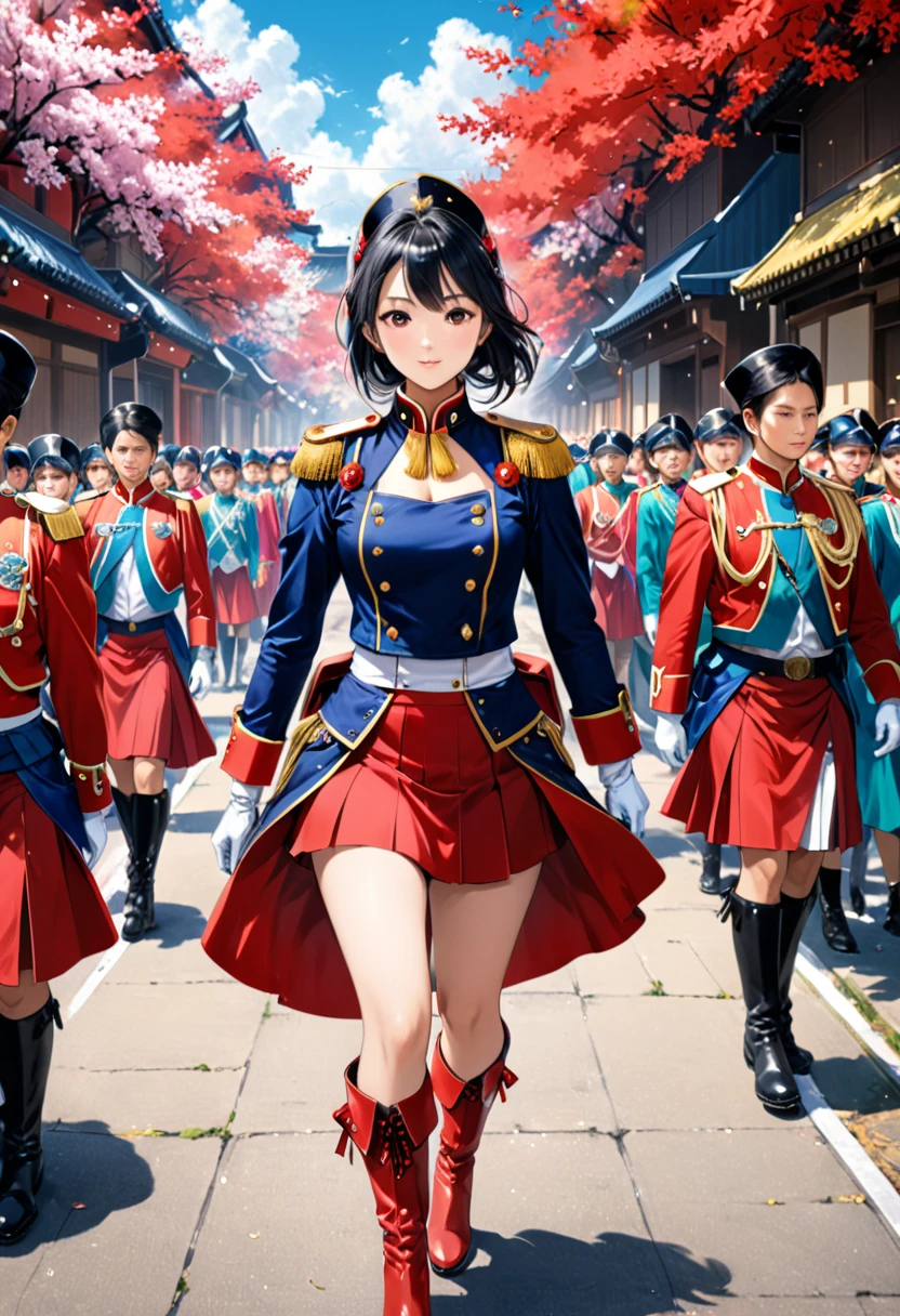 Ken Obata's style,High-resolution images,masterpiece,Highest quality,girl,Cowboy Shot,Cute face,Simple Background,jyojifuku,(A procession of vibrant colors,Have,boots,gloves,Epaulettes,skirt,:1.3),