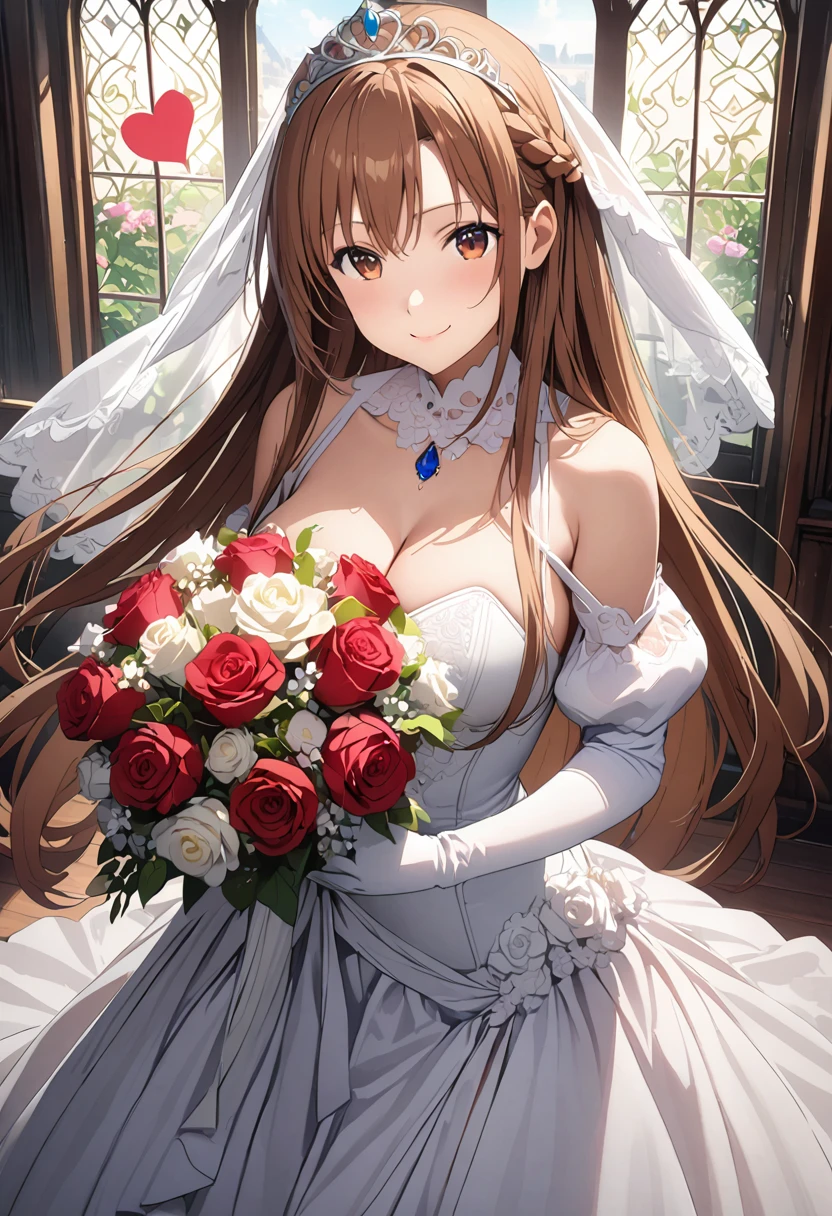 Highest quality、Super detailed、High resolution illustrations、Ultra-high-definition CG、８k size wallpaper、Production Art、Light novel illustrations、（１People Girls)、asuna yuuki, long hair, bangs, brown hair, brown eyes, very long hair, braid、dress, bare shoulders, detached sleeves, white dress, A smile full of happiness、Puff sleeves、Wedding Veil、tiara、Cleavage cutouts、Red brooch、Wedding dress、White Dress、White Gloves、Long skirt、White Stockings、White stiletto heels、Holding a bouquet in both hands、Full Body、hyperrealistic、(spoken heart)