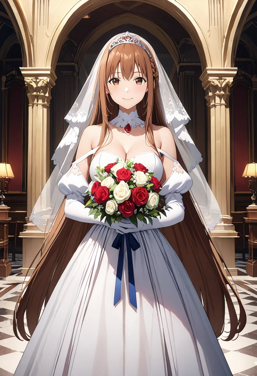 Highest quality、Super detailed、High resolution illustrations、Ultra-high-definition CG、８k size wallpaper、Production Art、Light novel illustrations、（１People Girls)、asuna yuuki, long hair, bangs, brown hair, brown eyes, very long hair, braid、dress, bare shoulders, detached sleeves, white dress, A smile full of happiness、Puff sleeves、Wedding Veil、tiara、Cleavage cutouts、Red brooch、Wedding dress、White Dress、White Gloves、Long skirt、White Stockings、White stiletto heels、Holding a bouquet in both hands、Full Body、hyperrealistic、(spoken heart)