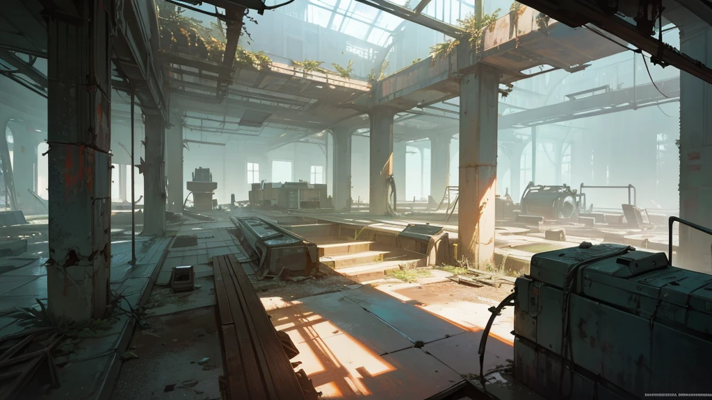 a futuristic abandoned cosmodrome interior room, high angle view, detailed interior, decaying technology, dim lighting, rusted pipes, crumbling concrete, overgrown vegetation, dust motes, shafts of light, abandoned equipment, atmospheric, cinematic, dramatic lighting, moody, gritty, photorealistic