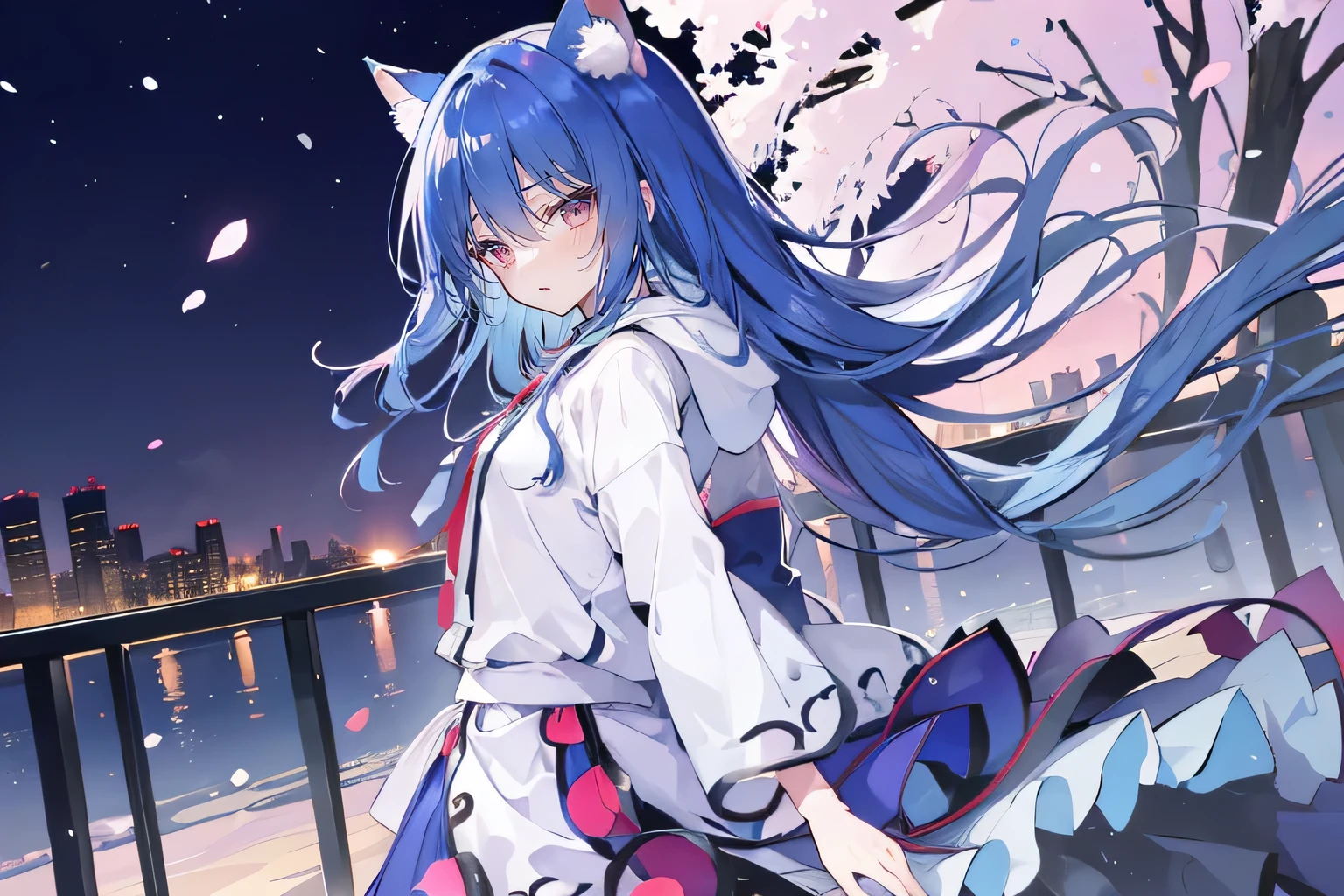 （masterpiece：1.2），Super detailed，lifelike，Expressive eyes，fair skin，perfect face shape，1 girl，
Japanese comics,Gorgeous blue hair,flowing blue hair,flowing clothes,Cat ears,Petals fall,beautiful lola,Baby Angel,
Shaking head with one hand，Cross your legs，Gentle and peaceful background，The pavilion is cool and comfortable,smile, wearing hoodie, background of tokyo,back views,snowing.