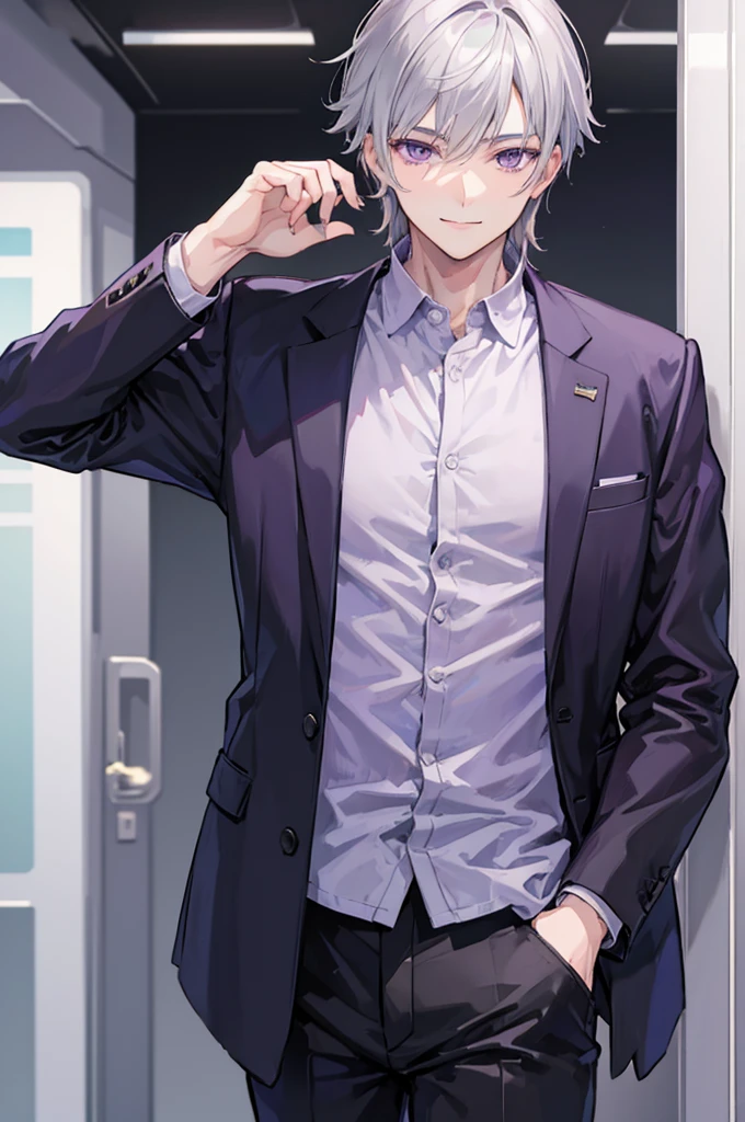 Young man, grey hair, purple eyes, smile face, modern style, handsome man, cool boy, bad boy
