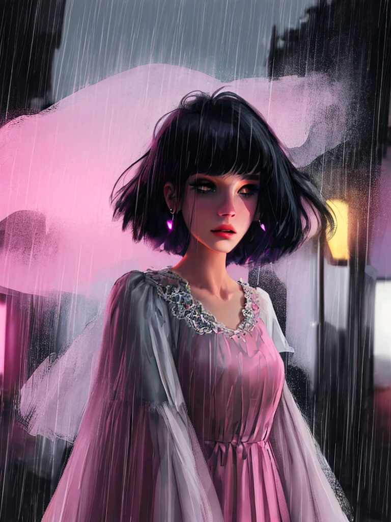 rain,Beauty,High nose,Long eyelashes,目にLight,Pink Lips,Closed Mouth,pastel colour,purple,Dull pink,Dull Blue,heart,Bobcut,Light,Strong winds,Fluttering Hair,Earrings,Smoke a cigarette,bad,cigarette,目にLight,Black Dress,Black lace,Black Hair,Inner color hair,woman