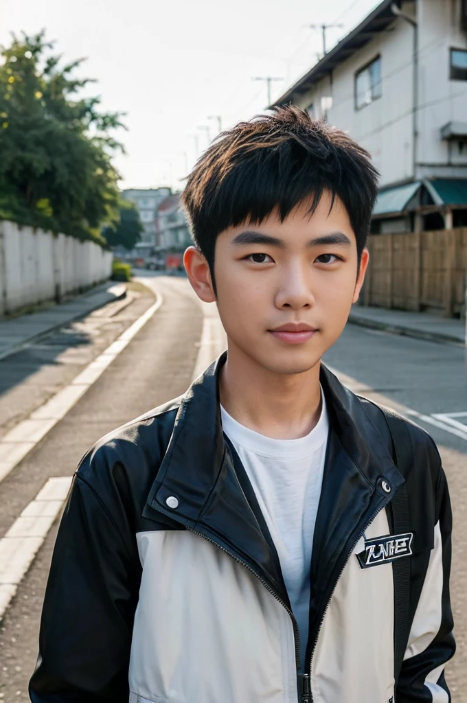 Masterpiece, best quality best, 1 young man, Asian man, East Asian people, one person, The muscles are in good proportion., Posing obscenely, short hair details， white teeth, jacket set, road background, Realistic style，photography，Can be seen from the front, see viewersMasterpiece, best quality best, 1 young man, Asian man, East Asian people, one person, The muscles are in good proportion., Posing obscenely, short hair details， white teeth, jacket set, road background, Realistic style，photography，Can be seen from the front, see viewers