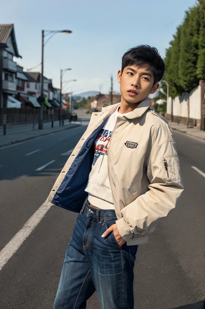 Masterpiece, best quality best, ung man, Asian man, East Asian people, one person, The muscles are in good proportion., Posing obscenely, short hair details, white teeth, jacket set, road background, Realistic style,photography,Can be seen from the front, see viewersMasterpiece, best quality best, 1 yoman, Asian man, East Asian people, one person, The muscles are in good proportion., Posing obscenely, short hair details, white teeth, jacket set, road background, Realistic style,photography,Can be seen from the front, see viewers