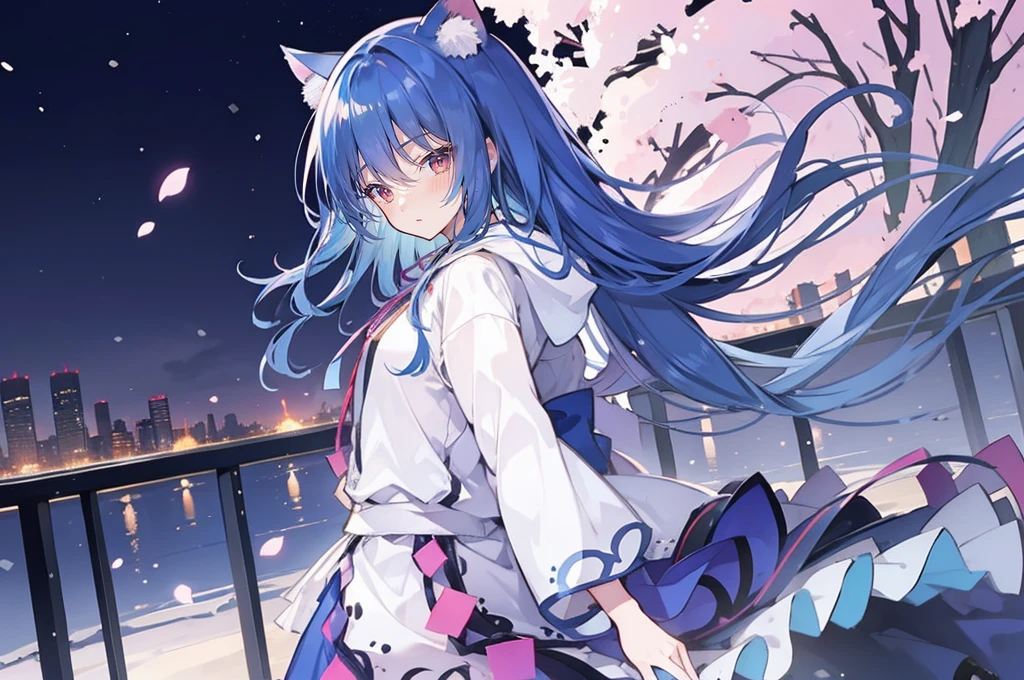 （masterpiece：1.2），Super detailed，lifelike，Expressive eyes，fair skin，perfect face shape，1 girl，
Japanese comics,Gorgeous blue hair,flowing blue hair,flowing clothes,Cat ears,Petals fall,beautiful lola,Baby Angel,
Shaking head with one hand，Cross your legs，Gentle and peaceful background，The pavilion is cool and comfortable,smile, wearing hoodie, background of tokyo,back views,snowing.