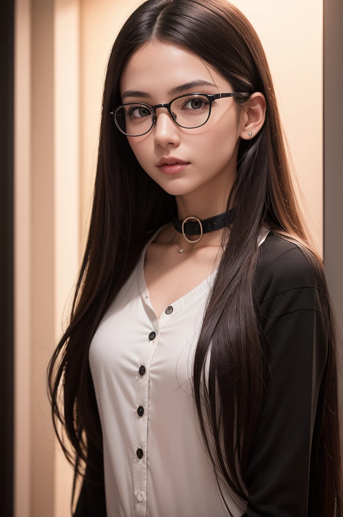 Generate a photorealistic image of a young woman with the following characteristics:
- Neutral face, fair skin - Large round glasses, thin metal frame - Long hair, smooth ass, Loose, dark brown, split in the middle - Black shirt with collar and buttons - Light colored background, light pink, smooth walls - Soft, even lighting, no harsh shadows - Bust Framing, Centered on image