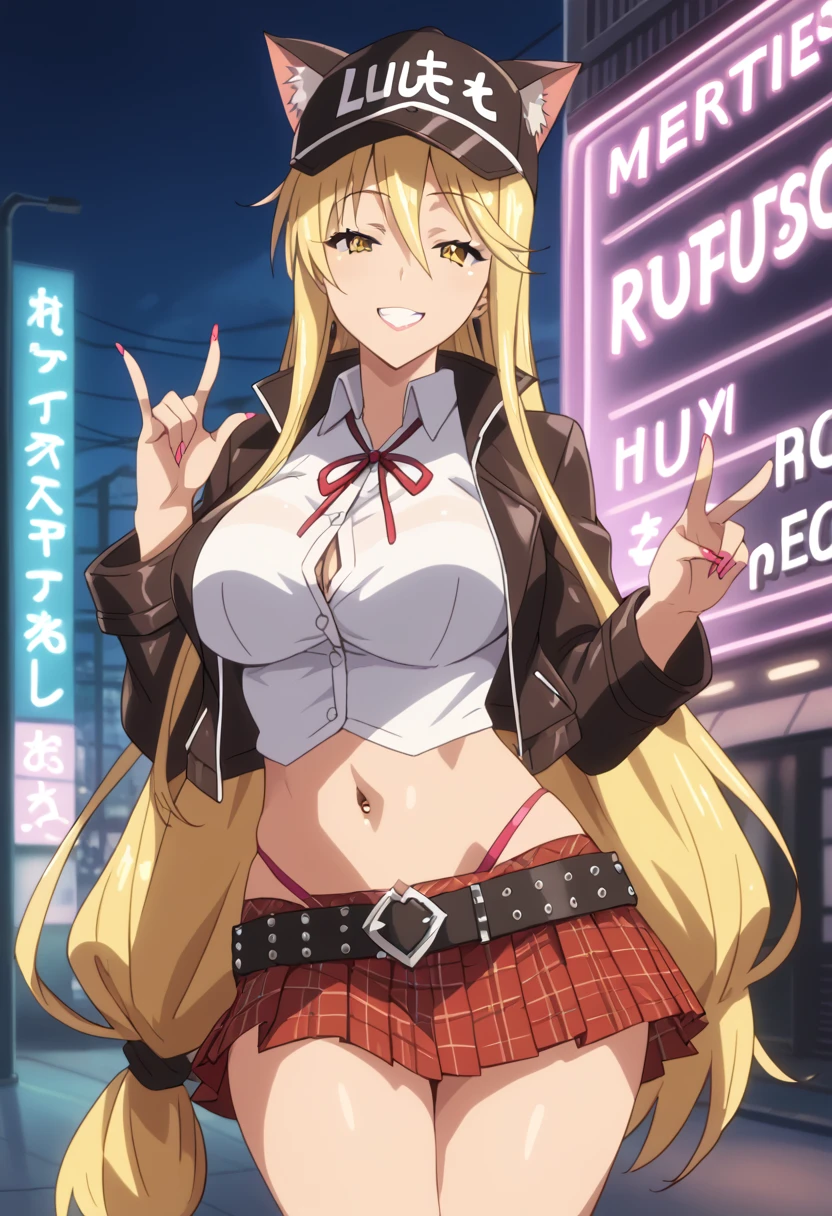 score_9, score_8_up, score_7_up, source_anime, slutty_clothes, gyaru,shizuka marikawa, long hair, blonde hair, very long hair, low-tied long hair, yellow eyes, hair between eyes, skirt, smile, jacket, midriff, looking at viewer, neon lights, cat ears cap