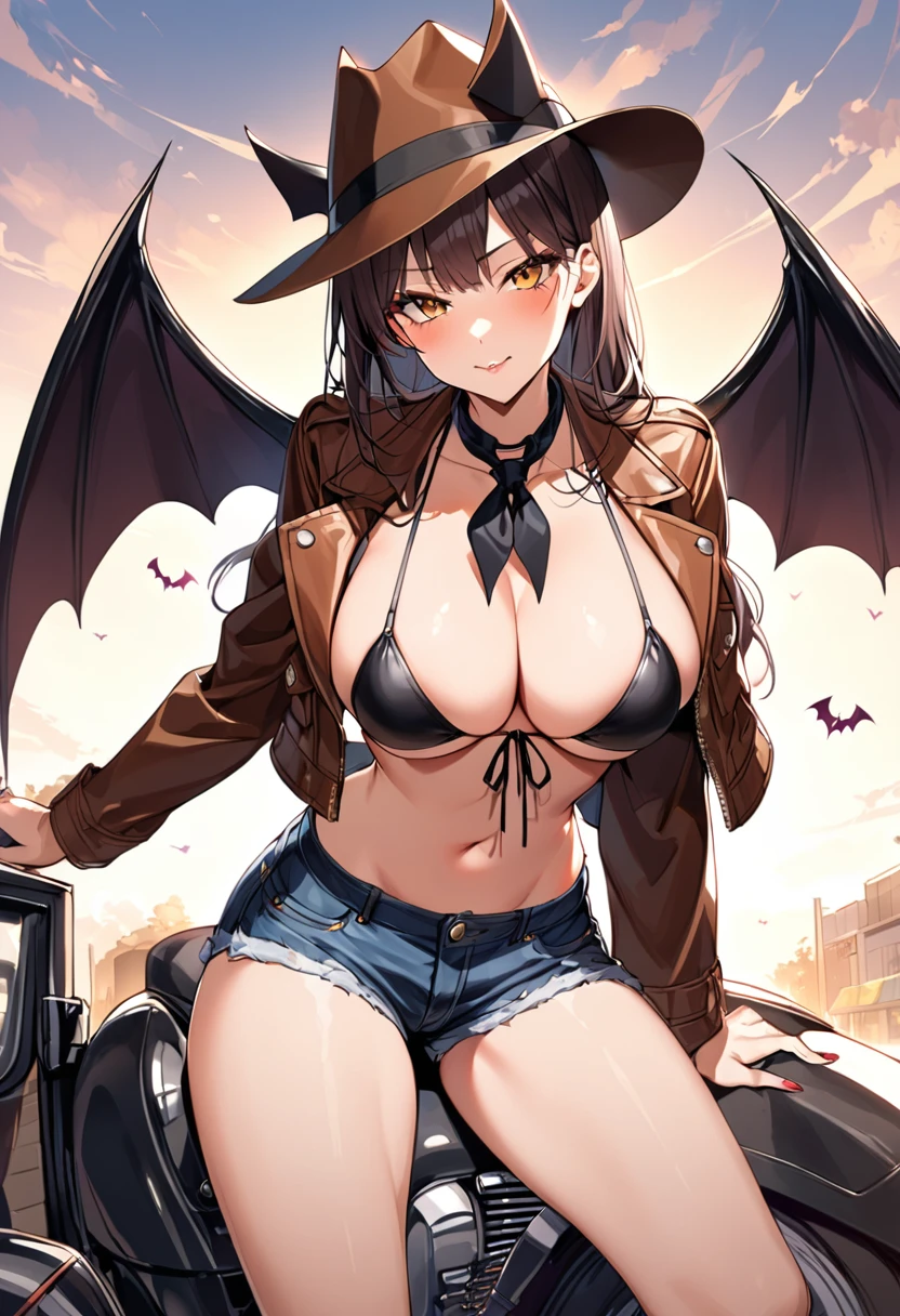 10th Generation,A beautiful woman,Beautiful breasts,Moe,Succubus,bat wings on the back,,Black front tie bikini top,Cowhide jacket,Denim shorts,Ten-gallon hat