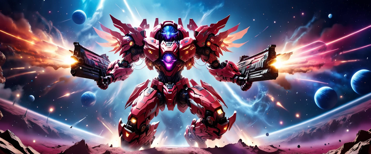 a female mech warrior in battle on a moon in space, full body shot, action shot, a tough and beautiful female mech warrior, short blond hair, dynamic eye color, intent gaze, ultra detailed face, best detailed face, she wears mech armor, and massive sci-fi gun, in battle, outer space background, stars, vibrant, Ultra-high resolution, High Contrast, (masterpiece:1.5), highest quality, Best aesthetics), best details, best quality, highres, (ultra wide angle: 1.2), 16k, ultra detailed, masterpiece, best quality, (extremely detailed),aetherpunkai, Mechanical Creatures, assault rifle