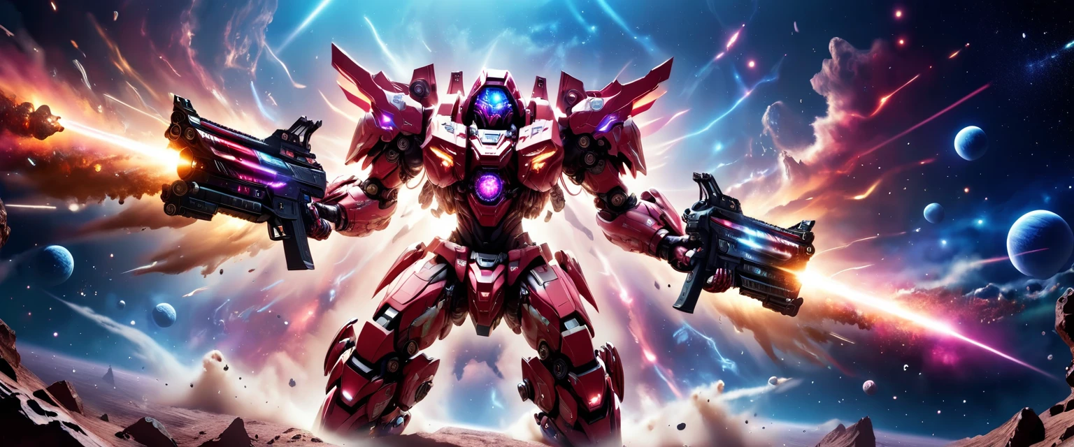 a female mech warrior in battle on a moon in space, full body shot, action shot, a tough and beautiful female mech warrior, short blond hair, dynamic eye color, intent gaze, ultra detailed face, best detailed face, she wears mech armor, and massive sci-fi gun, in battle, outer space background, stars, vibrant, Ultra-high resolution, High Contrast, (masterpiece:1.5), highest quality, Best aesthetics), best details, best quality, highres, (ultra wide angle: 1.2), 16k, ultra detailed, masterpiece, best quality, (extremely detailed),aetherpunkai, Mechanical Creatures, assault rifle
