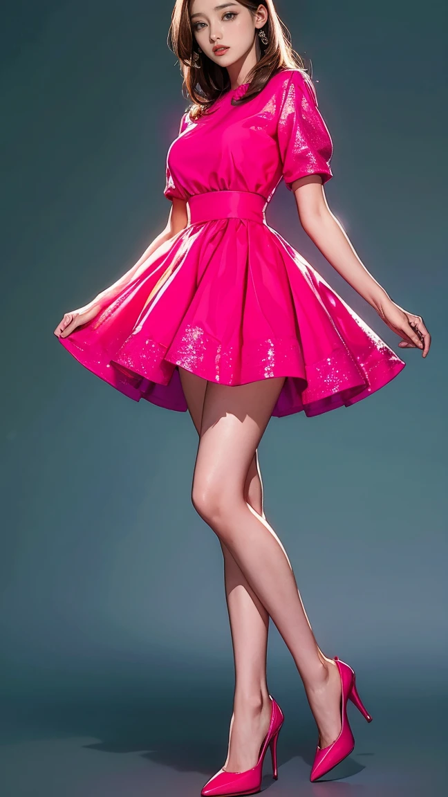 ((masterpiece)),(((Highest quality))),((Character design sheet)),Thin thighs,Long legs,Highest quality,masterpiece,Ultra-high resolution,(current:1.4),Original photo,Ultra-high resolution,8K,There are women,Fair skin,Big wave diamond pink and cool色白, collaboration dress:1.5,High heels,Long legs:1.5,Bright and beautiful,high waist,Flashy makeup using red eyeshadow,