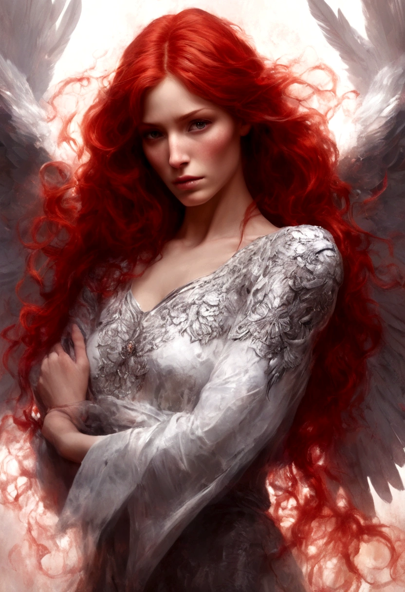 Beautiful red hair woman, guardian angel, savior pose and wings, from the victim's POV, red colours