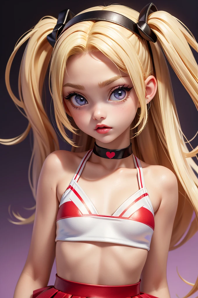 hyperrealistic  american teen, blondittle, perfect tiny body, sexy, dark makeup, small choker, perfect slim face, big red lips, very cute face, tiny body, big eyes, young looking, childish looking, cheerleader
