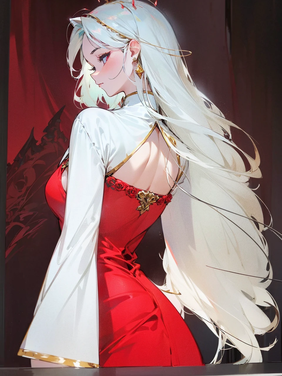 Add in roses to her dress, a good back dress design with some golden jewelry, make her dress into a red and white gown with a hat, give her some unique Jewelry, and make her look somewhat of a demonic angel like appearance to her