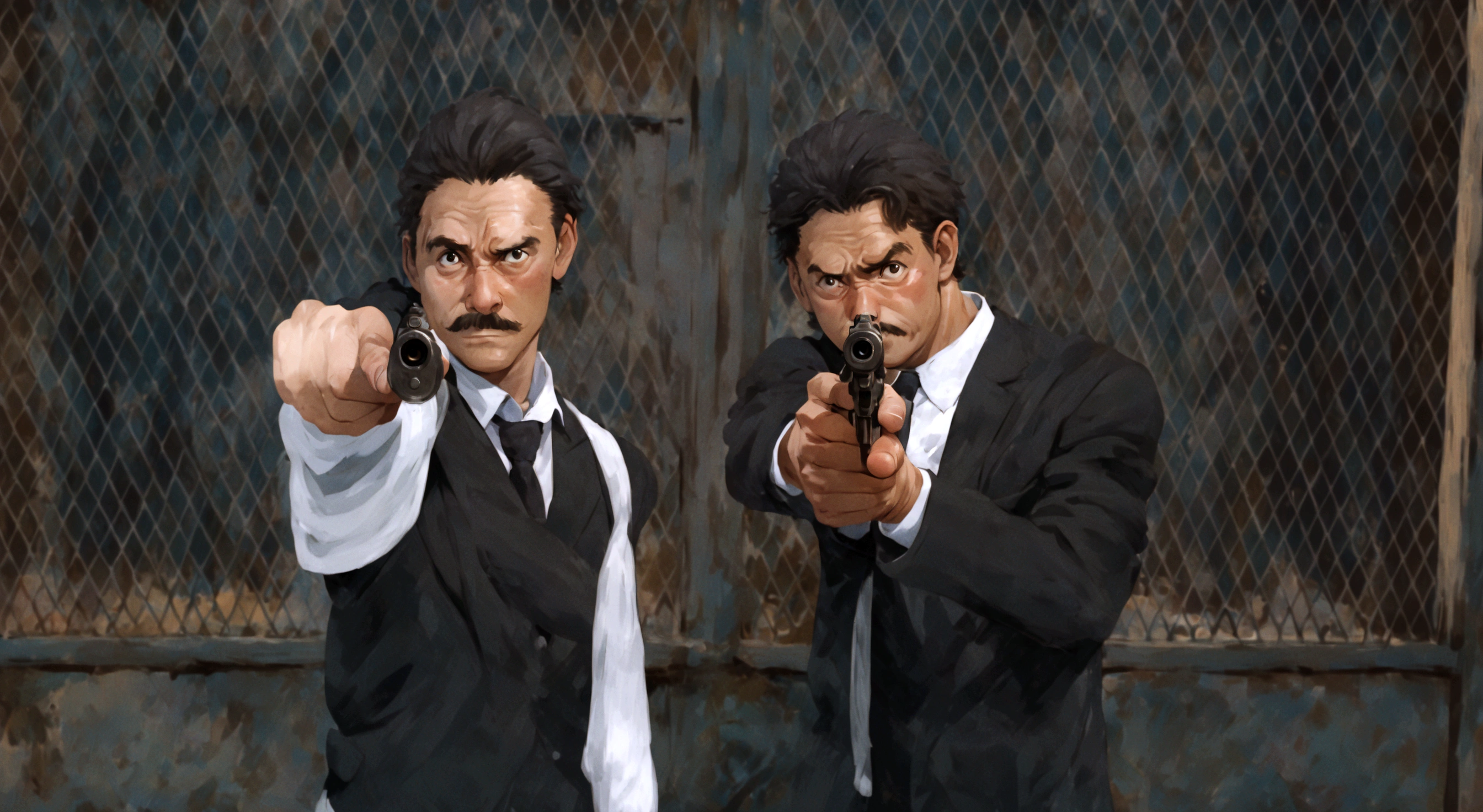 they are two men in suits pointing guns at the camera, studio ghibli anime,