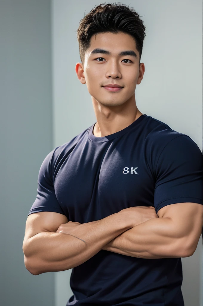 ((Highest quality, 8K, Masterpiece: 1.3))、Thailand Laos Burma Asia, Thai man, A handsome Asian rugby player with short hair, a muscular beard, and big muscles., １A man who has、 yo、Good appearance、Beautiful nose、smile、 Detailed eyes and face、beautiful light、(studio)、high resolution、（Look at the viewer.）、Fine mouth、smile、whole body: 1.5, perfect shape: 1.3, Picture of both shoulders:1.3, Navy blue round neck t-shirt:1.5