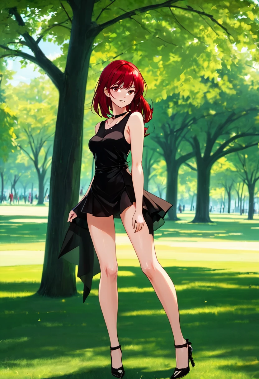 ((High Quality image 10k)) (( perfect autonomy)) Masterpiece, solo girl, brown eyes, red hair, wearing sleeveless black shirt, naked Bottom, pussy focus, sexy legs, evil smug grin, barefoot, Standing, in the park 