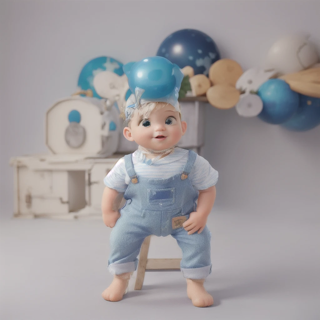 Baby standing, in blue overalls. Open arms, behind an object similar to planet Earth.