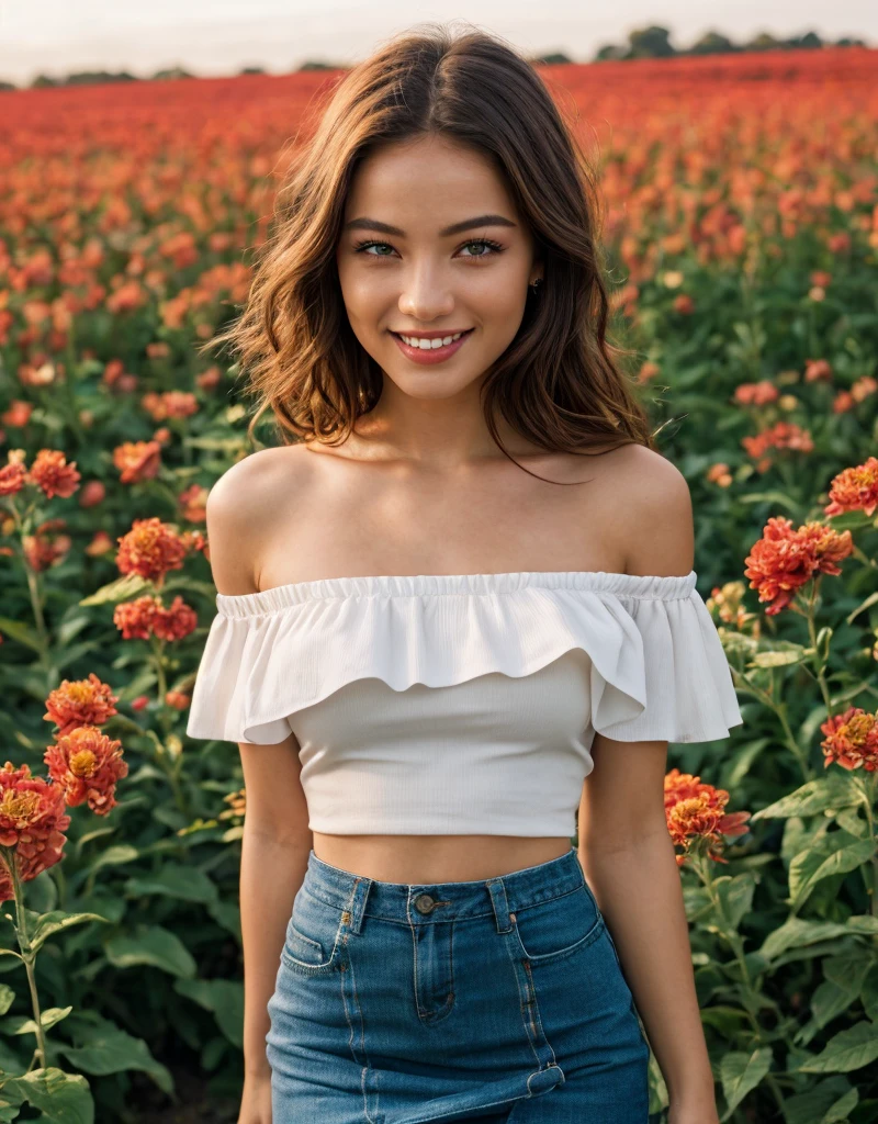 (32K resolution, masterpiece, ultra high quality, best quality, ultra high definition, perfect anatomy, Incredibly detailed, RAW, ultra super realistic, photorealistic, cinematic lighting, exquisitely detailed, extremely intricate, 8k UHD, high resolution), (1girl), cropped  off-shoulder tank top,  skirt, elegant hair, standing in the middle of a flower field,  seductive smile, dynamic vivid colors