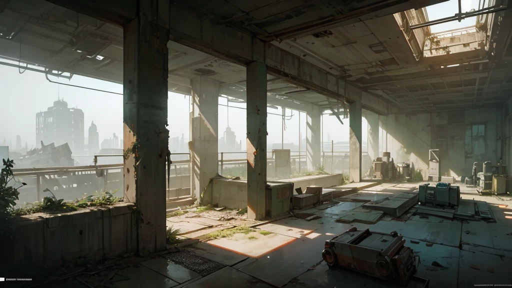 a futuristic abandoned cosmodrome interior room, high angle view, detailed interior, decaying technology, dim lighting, rusted pipes, crumbling concrete, overgrown vegetation, dust motes, shafts of light, abandoned equipment, atmospheric, cinematic, dramatic lighting, moody, gritty, photorealistic