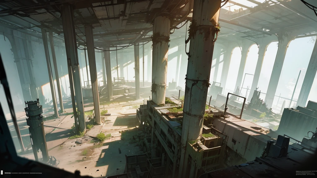 a futuristic abandoned cosmodrome interior room, high angle view, detailed interior, decaying technology, dim lighting, rusted pipes, crumbling concrete, overgrown vegetation, dust motes, shafts of light, abandoned equipment, atmospheric, cinematic, dramatic lighting, moody, gritty, photorealistic
