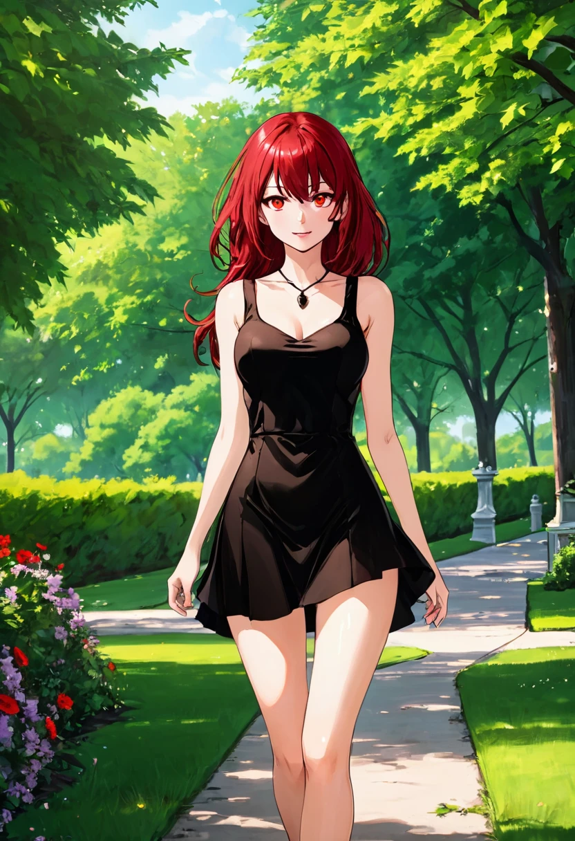 ((High Quality image 10k)) (( perfect autonomy)) Masterpiece, solo girl, brown eyes, red hair, wearing sleeveless black shirt, naked Bottom, pussy focus, sexy legs, evil smug grin, barefoot, Standing, in the park 