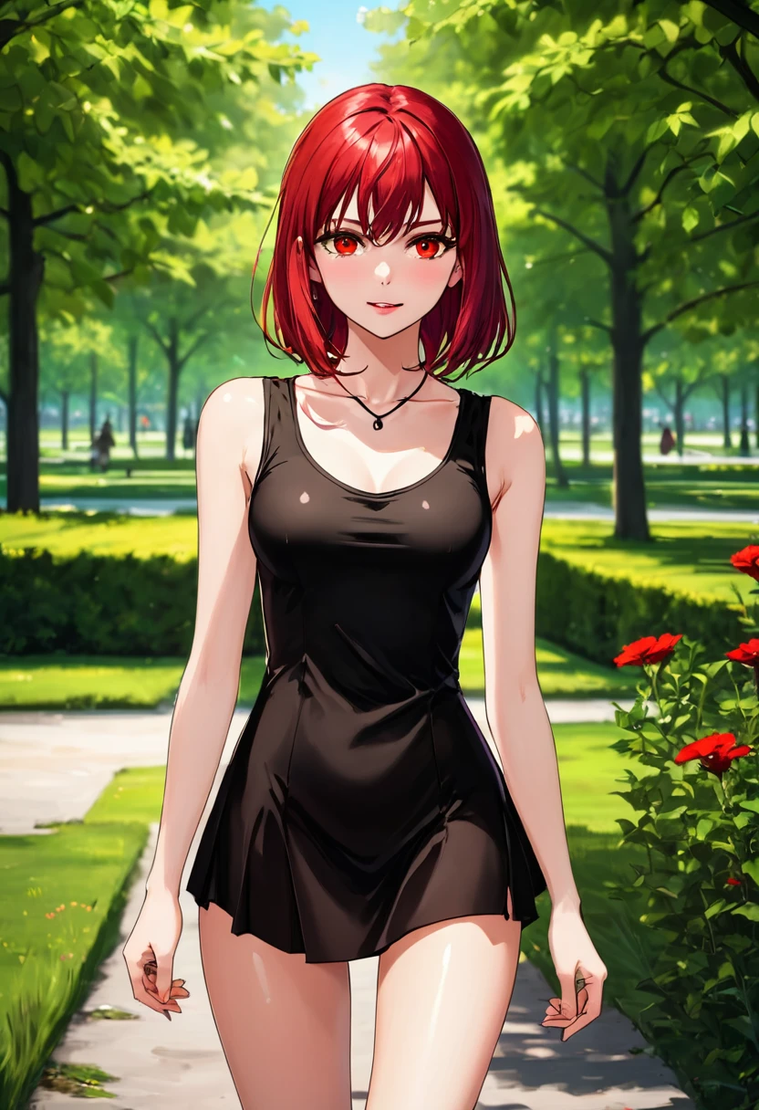 ((High Quality image 10k)) (( perfect autonomy)) Masterpiece, solo girl, brown eyes, red hair, wearing sleeveless black shirt, naked Bottom, pussy focus, sexy legs, evil smug grin, barefoot, Standing, in the park 