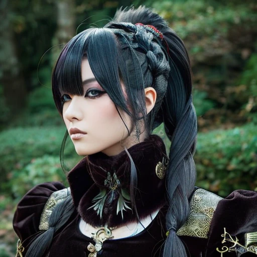 1 Japanese woman, female, Asian eyes, dragon, hairstyle in Visual Kei style, hair Visual Kei, outfit rocker, ultra-detailed face and eyes, hyper-realistic, realistic representation, 30 years old, age 30 years, full body, black and blonde hair