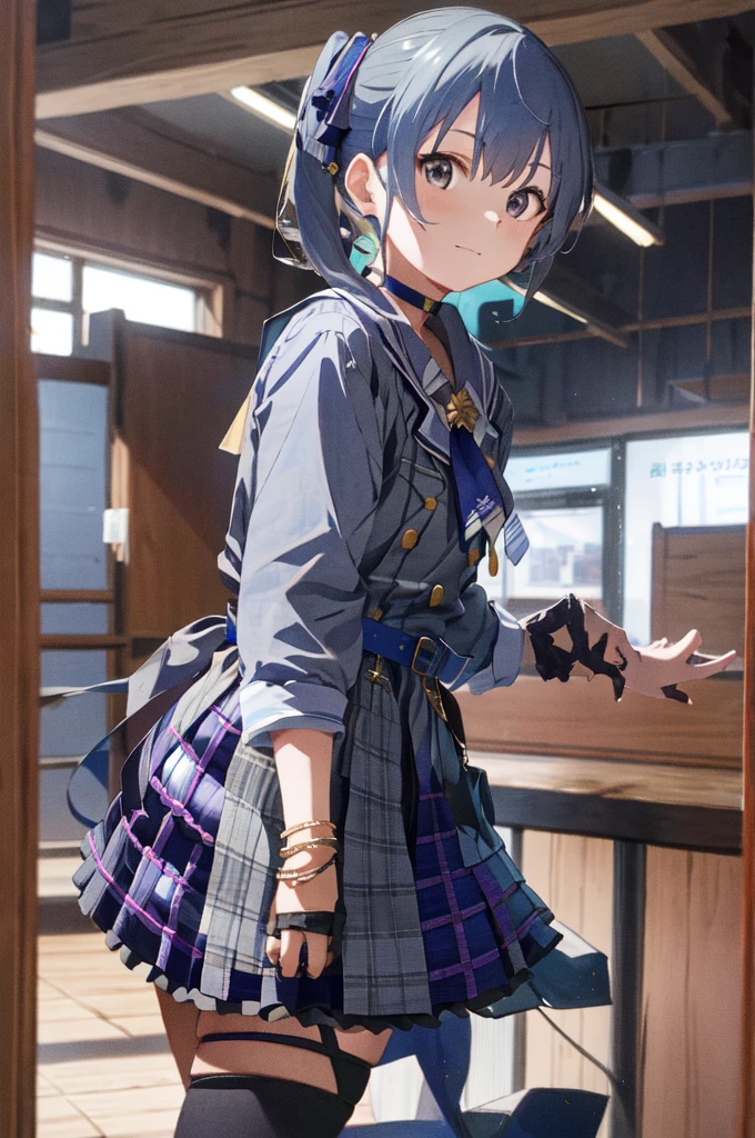  1girl, solo, side ponytail, hoshimachi suisei, fingerless gloves, single thighhigh, jewelry, thigh strap, bracelet, buttons, plaid dress, blue choker, blue belt, plaid skirt, mini crown, grey skirt, blue ascot, long sleeves, plaid jacket