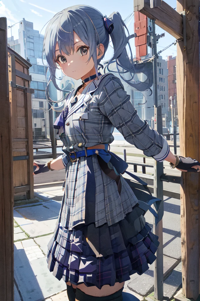  1girl, solo, side ponytail, hoshimachi suisei, fingerless gloves, single thighhigh, jewelry, thigh strap, bracelet, buttons, plaid dress, blue choker, blue belt, plaid skirt, mini crown, grey skirt, blue ascot, long sleeves, plaid jacket