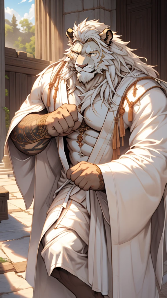 (masterpiece),(highres),(intricate details:1.4),extremely detailed,(illustration:1.2),8k,photorealistic,exquisite,solo, (Bold perspective),aged,elder male lion ,muscular, (Ancient Greek mythological style;1.8)(white robe:1.6),manhood,safeguard,(white hair:1.3),long hair,long white beard,scar,(badly damaged),(sacrifice),hurt,broken body ,bleeding ,suffering,naked body
