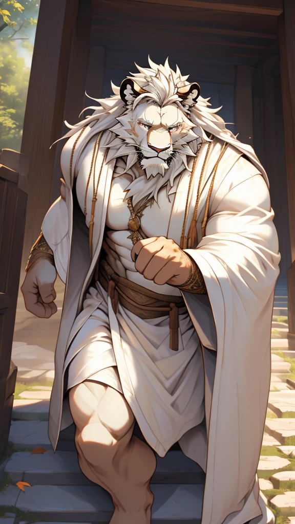 (masterpiece),(highres),(intricate details:1.4),extremely detailed,(illustration:1.2),8k,photorealistic,exquisite,solo, (Bold perspective),aged,elder male lion ,muscular, (Ancient Greek mythological style;1.8)(white robe:1.6),manhood,safeguard,(white hair:1.3),long hair,long white beard,scar,(badly damaged),(sacrifice),hurt,broken body ,bleeding ,suffering,naked body