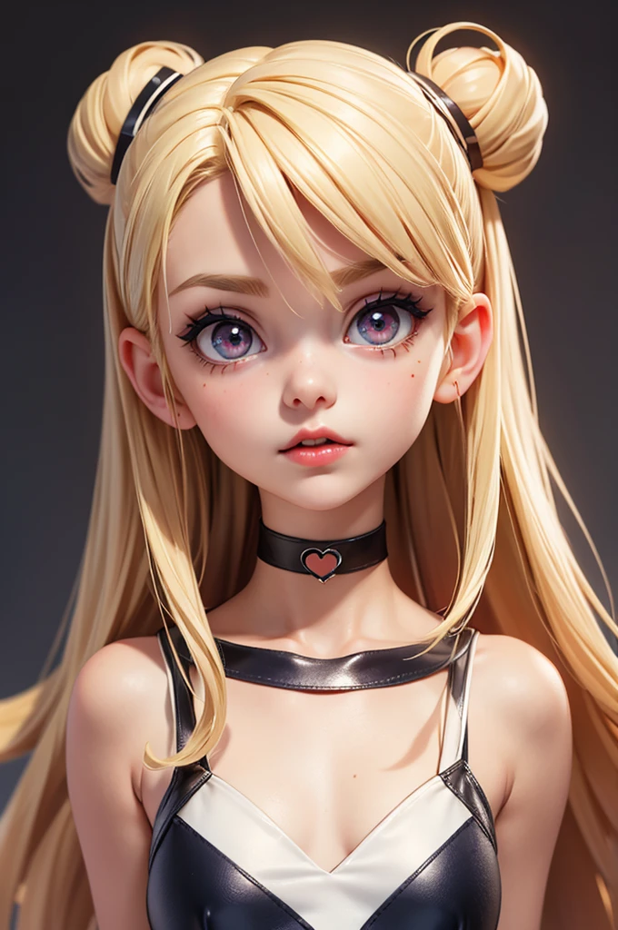hyperrealistic 14 year old american teen, blonde, little, perfect tiny body, sexy, dark makeup, small choker, perfect slim face, big red lips, very cute face, tiny body, big eyes, young looking, childish looking, cheerleader