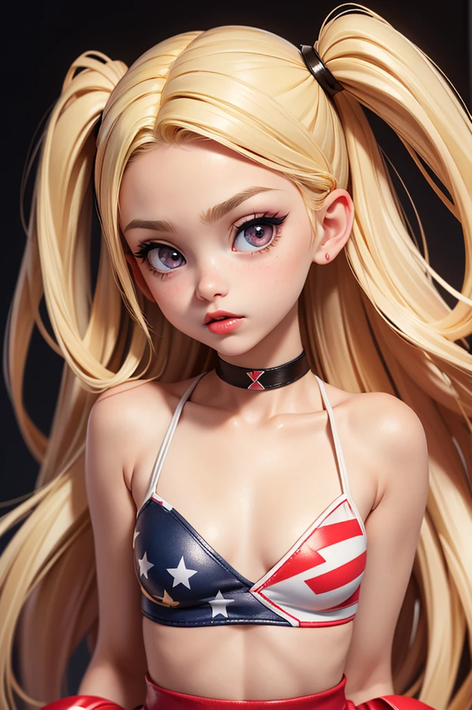 hyperrealistic  american teen, blondittle, perfect tiny body, sexy, dark makeup, small choker, perfect slim face, big red lips, very cute face, tiny body, big eyes, young looking, childish looking, cheerleader