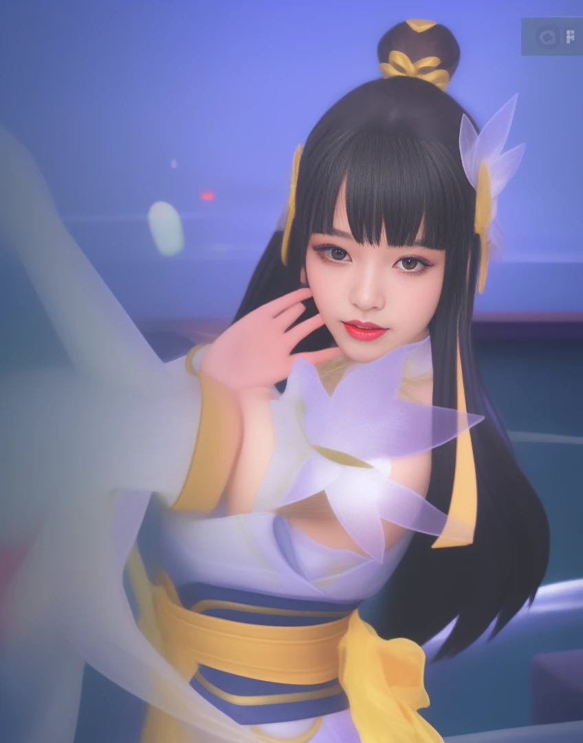 (masterpiece), (best quality), (ultra detailed),(disheveled hair),(illustration), (1girl), (Fashionable clothing), standing, Fashion model, looking at viewer, (interview), (simple background),beautiful detailed eyes, delicate beautiful face, Floating,(high saturation),(colorful splashes),colorful bubble,(shining), focus on face, ponytail, kamisato ayaka, light blue hair, bangs, hair ring, floating flowers, floating hairs, (shining), best lighting, best shadow,