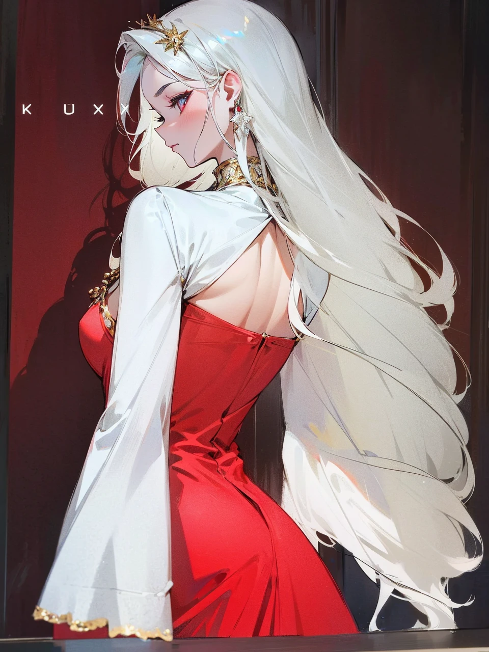 Add in roses to her dress, a good back dress design with some golden jewelry, make her dress into a red and white gown with a hat, give her some unique Jewelry, and make her look somewhat of a demonic angel like appearance to her