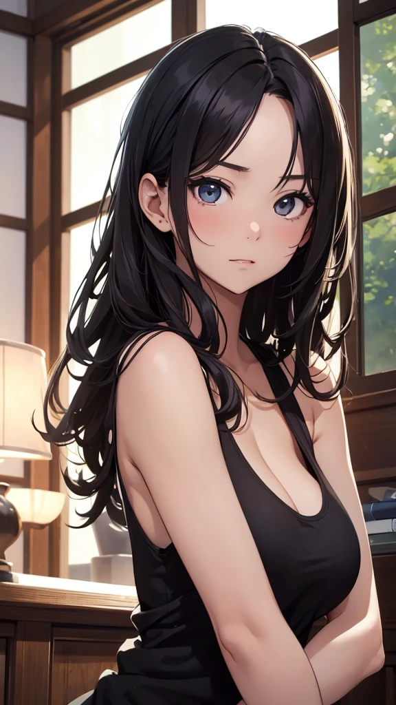 ((Highest quality)), ((masterpiece)), (detailed), One girl, sexy、Busty Japanese woman in black tank top、black hair, Beauty、Embarrassed expression、whole body、Angle from below、ミニスカート、