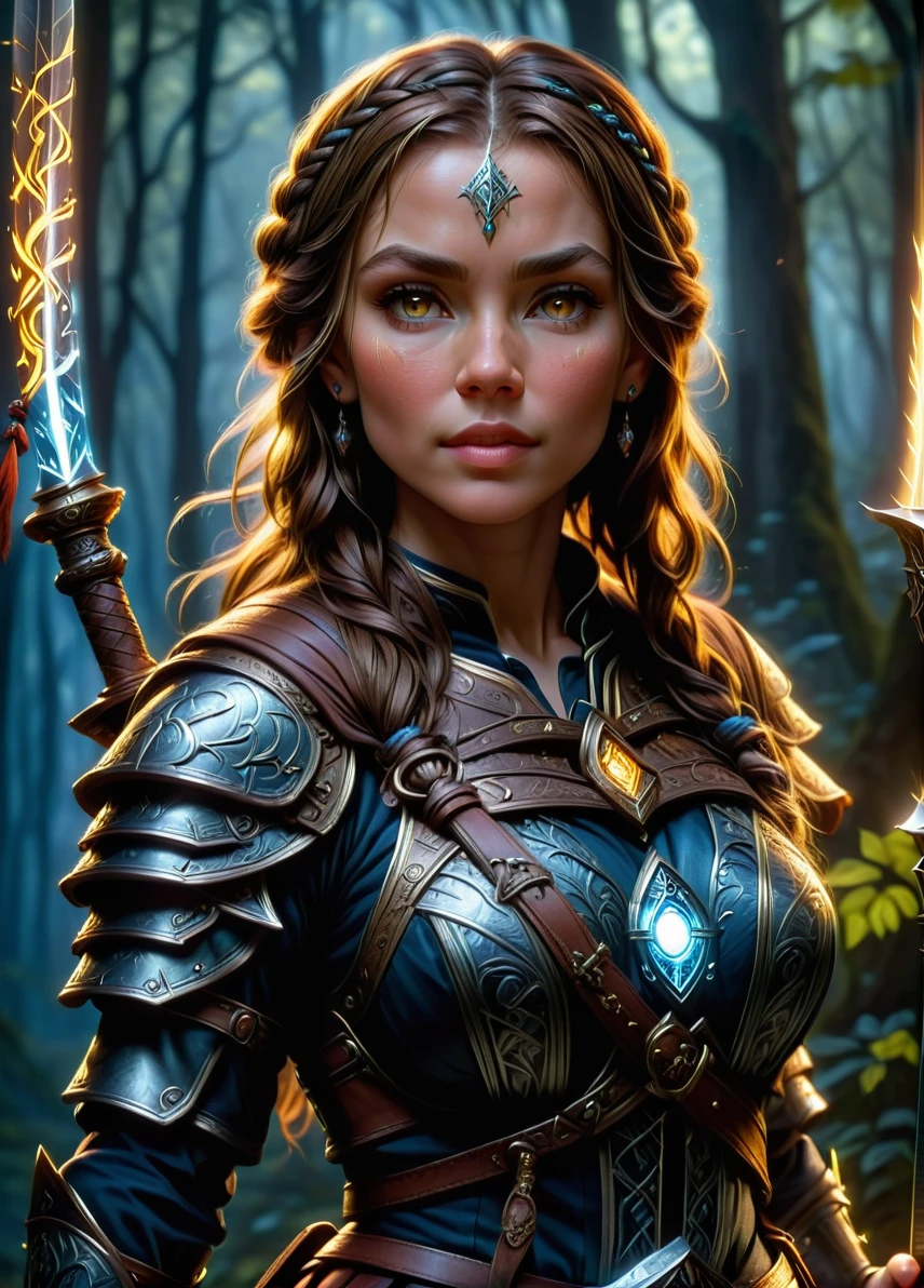 grizzled human adventurer warrior, mature female focus, (braided brown hair: 1.1), (face scar: 1.0), guild symbols and patterns, dark ethereal fantasy forest at night, holding an iron sword, full shot, ((looking at viewer:1.2), (from side:0.8)), full armor, athletic, volumetric lighting dynamic lighting, real shadows, vibrant contrasting colors, style of Stephen Hickman and Stan Manoukian, ultra realistic, masterpiece, high quality, highres, sharp focus, intricate, sharp details, highly detailed, rich color, 8K,