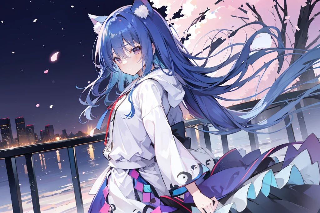 （masterpiece：1.2），Super detailed，lifelike，Expressive eyes，fair skin，perfect face shape，1 girl，
Japanese comics,Gorgeous blue hair,flowing blue hair,flowing clothes,Cat ears,Petals fall,beautiful lola,Baby Angel,
Shaking head with one hand，Cross your legs，Gentle and peaceful background，The pavilion is cool and comfortable,smile, wearing hoodie, background of tokyo,back views,snowing.