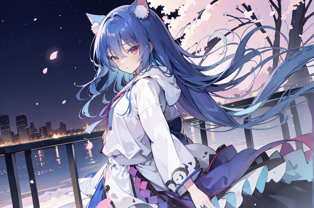 (masterpiece:1.2),Super detailed,lifelike,Expressive eyes,fair skin,perfect face shape,1 girl,
Japanese comics,Gorgeous blue hair,flowing blue hair,flowing clothes,Cat ears,Petals fall,beautiful lola,Baby Angel,
Shaking head with one hand,Cross your legs,Gentle and peaceful background,The pavilion is cool and comfortable,smile, wearing hoodie, background of tokyo,back views,snowing.